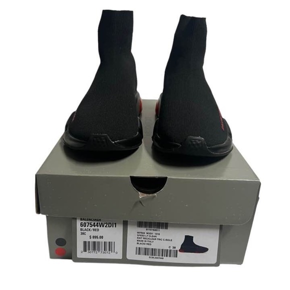 Balenciaga Black IT38 W38 Women Speed Trainers Runners Cloth Red Bubble Size 8 - Picture 3 of 9